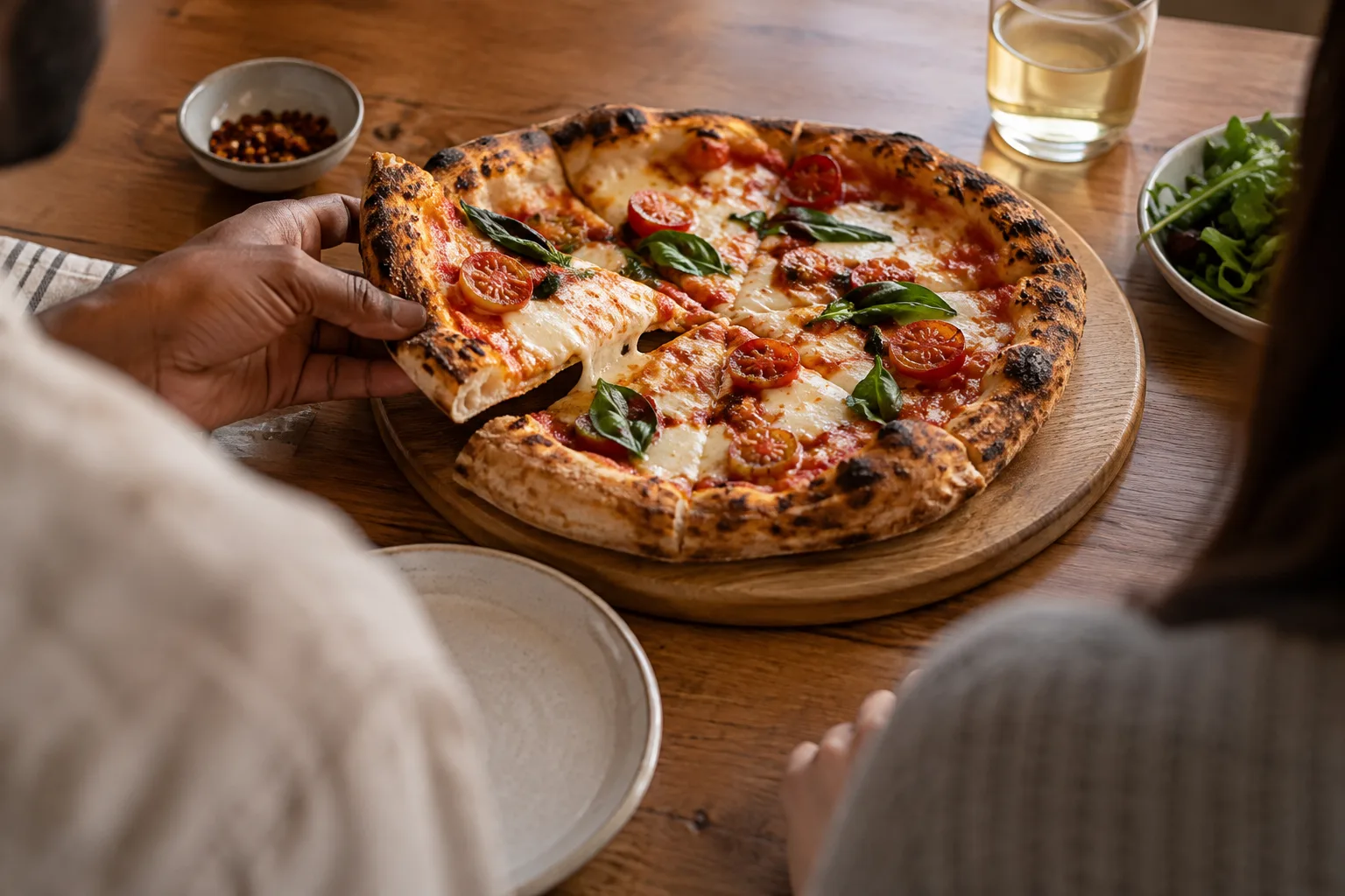 A freshly baked artisan pizza with bubbling cheese and crisp toppings on a wooden table.