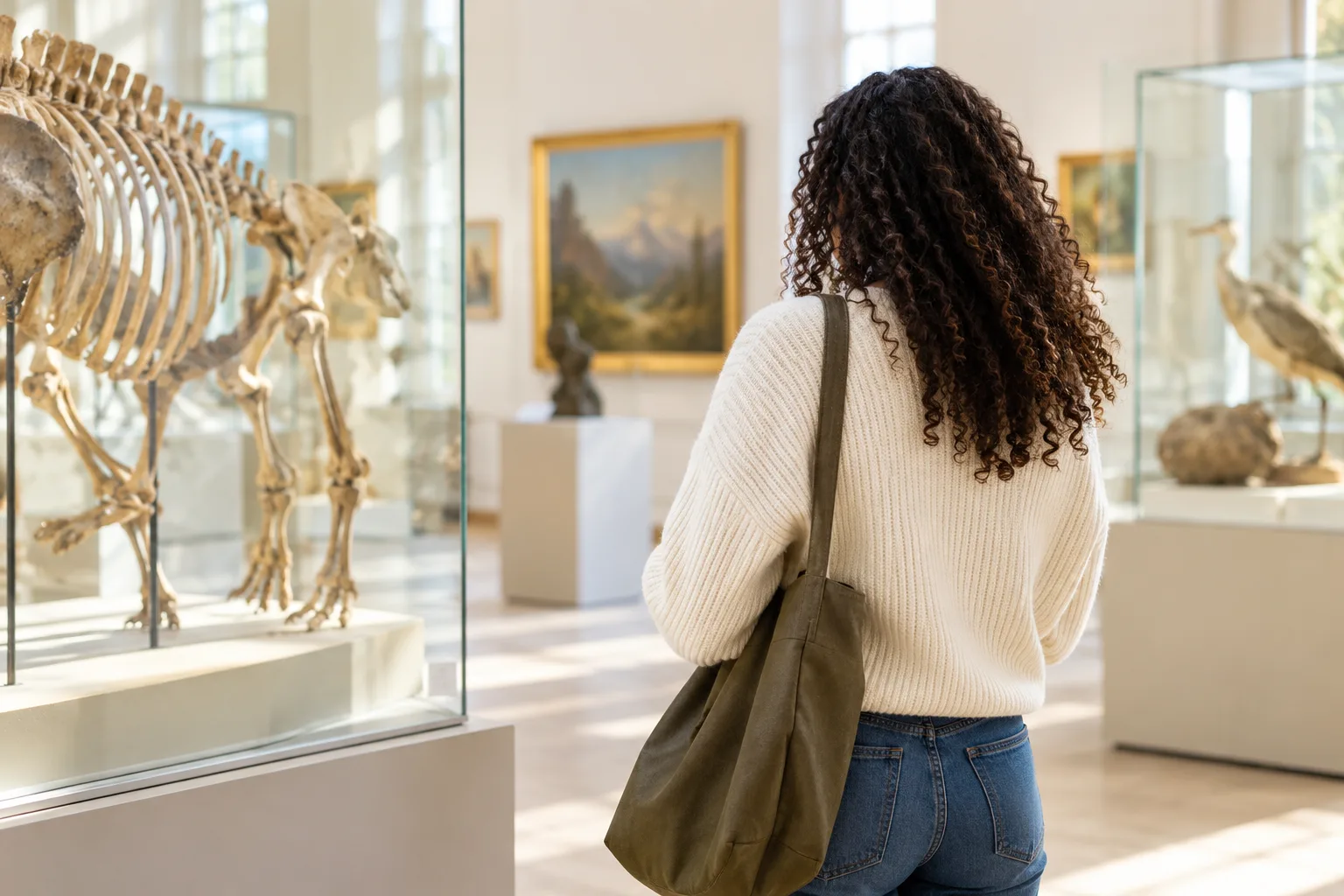 Visitors browse natural history and art exhibits in a bright university museum gallery.
