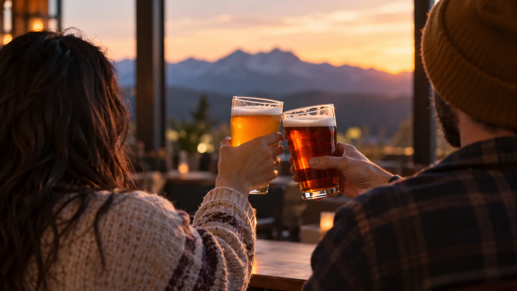 Friends enjoy craft beer together in a lively taproom with mountain views at dusk.