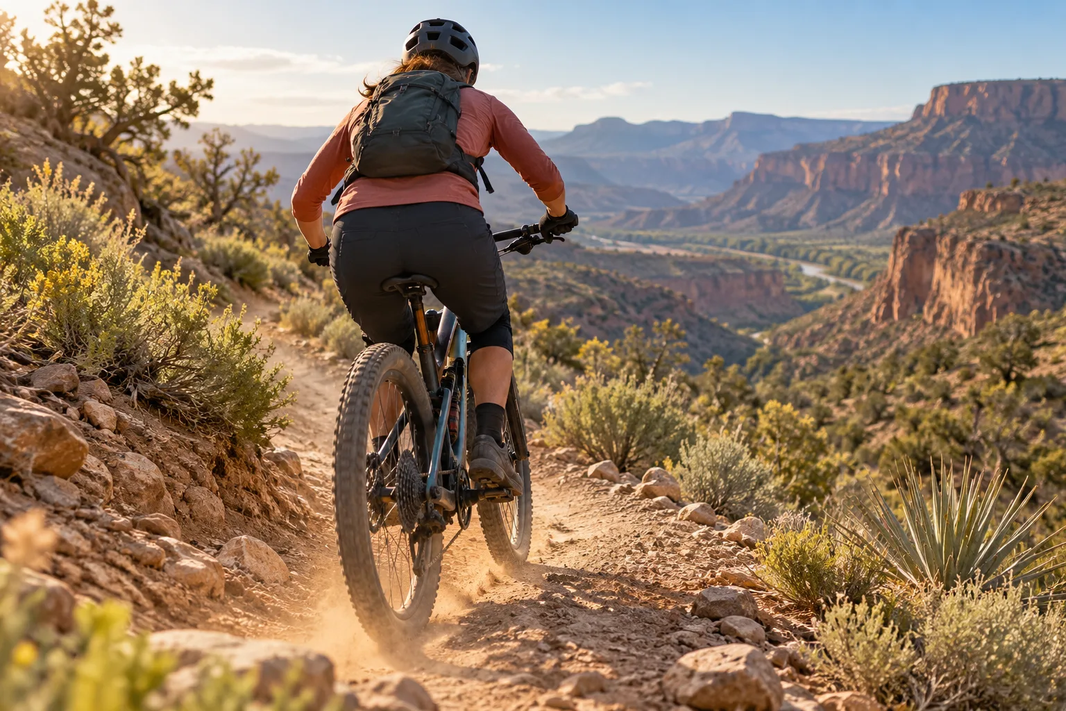 A mountain biker rides a dusty singletrack through sunlit foothills with rugged canyon walls and desert vegetation.