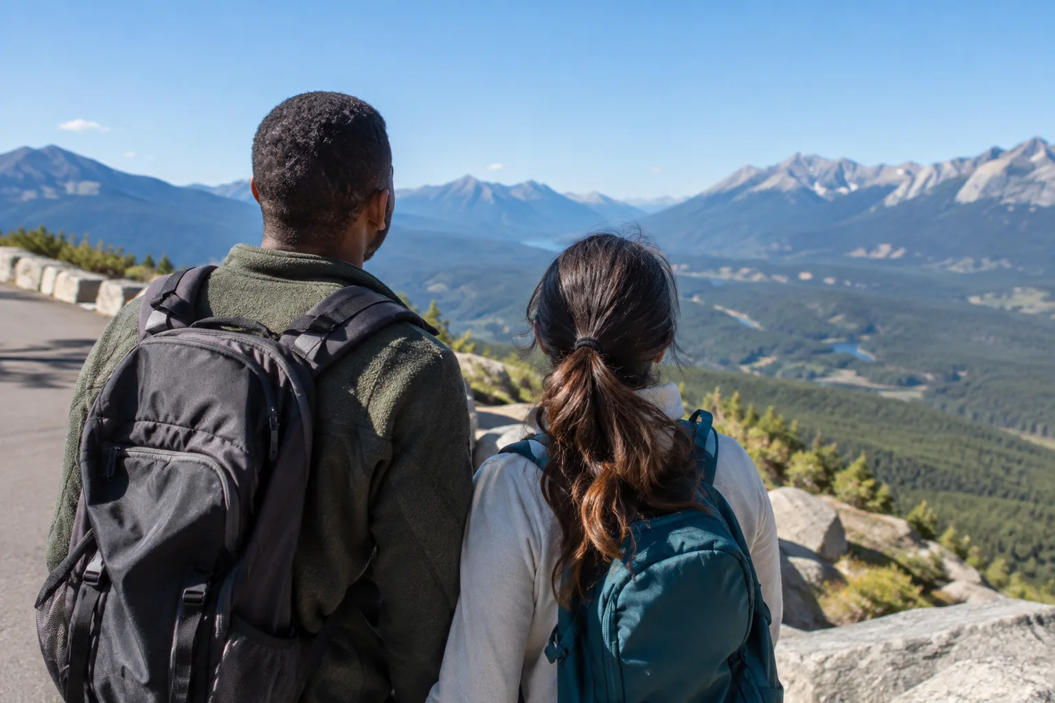 A paved mountain overlook above a broad valley, with nearby peaks, clear skies, and an accessible walking path.