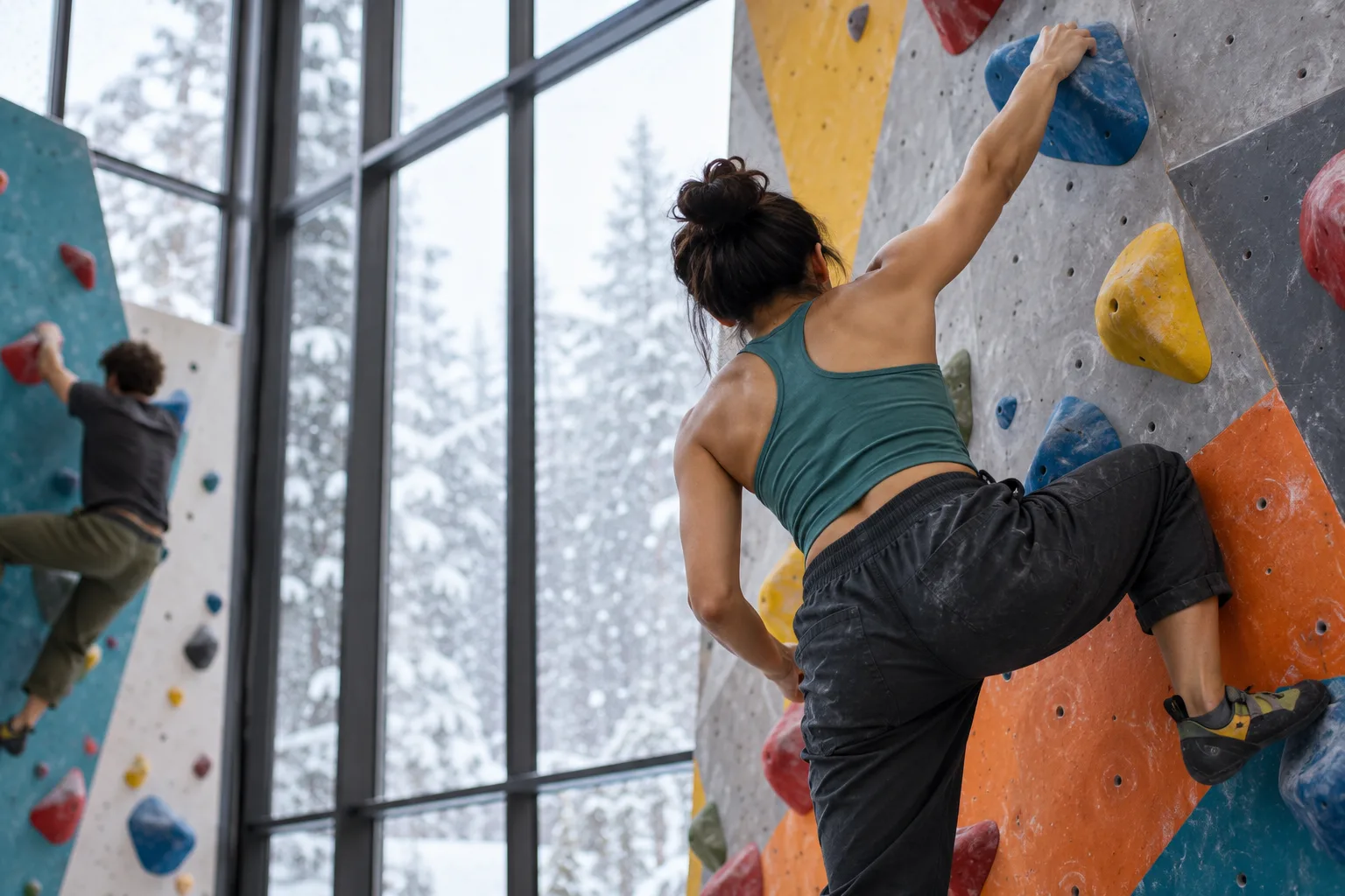 Climbers boulder on colorful indoor walls while snow falls outside tall gym windows.