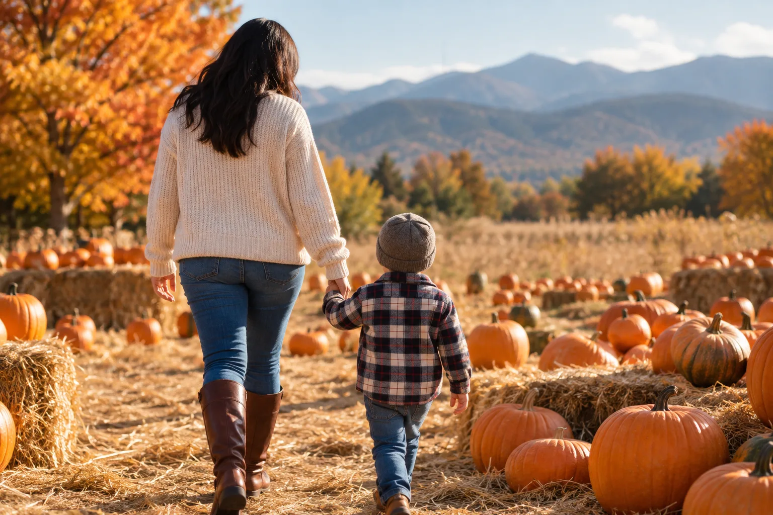 Families stroll through a rural pumpkin patch with hay bales, autumn trees, and mountains in the background.