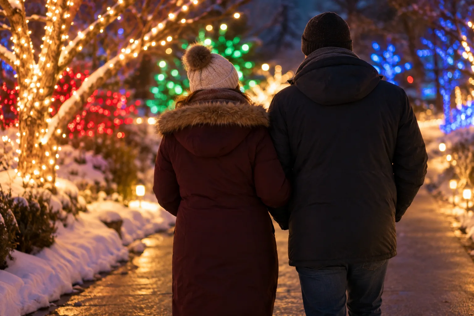 Visitors in winter coats stroll along a glowing path lined with colorful holiday lights and illuminated trees.