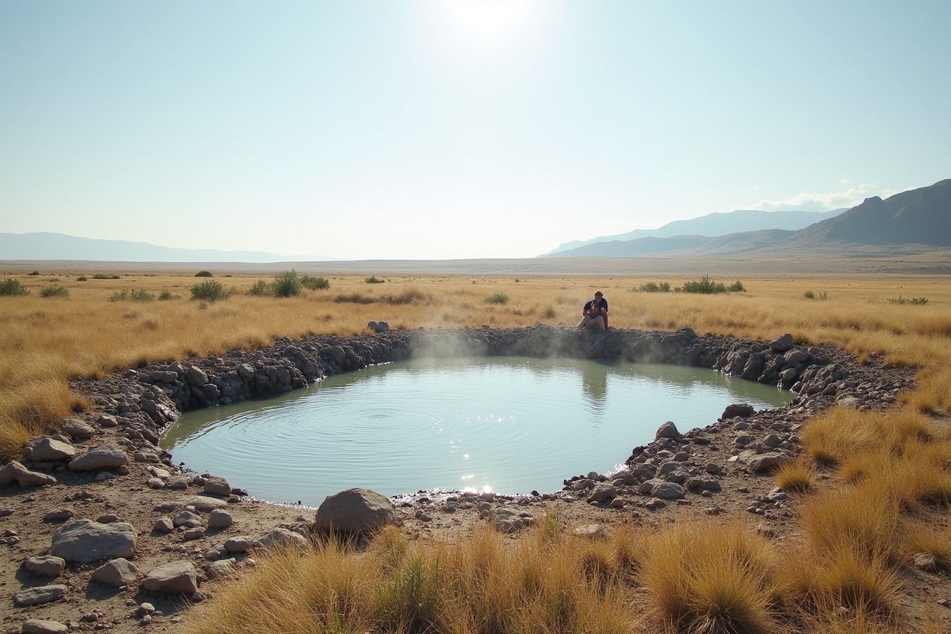 A rough natural hot pool with mud and rock edges in open empty country.