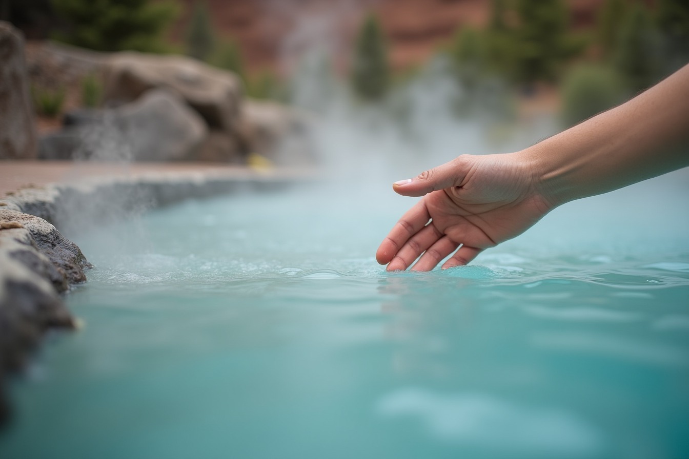 A hand testing the water temperature at the edge of a steaming hot spring pool.